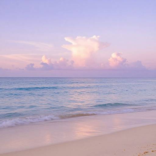 Photograph of a serene beach at sunset, with gentle waves, pink and blue sky, and soft, white sand reflecting the sunset's glow.