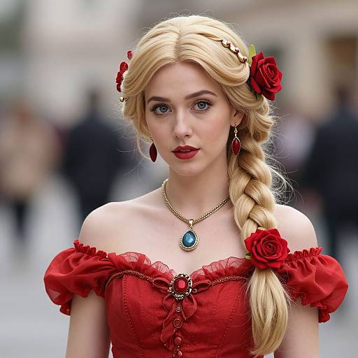 Photorealistic digital portrait of a blonde woman with red rose hair accessories, red off-shoulder dress, blue pendant, and red earrings, standing