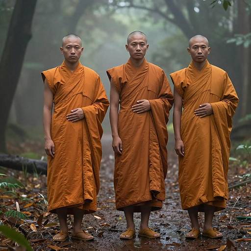 Serene Monks in a Misty Forest