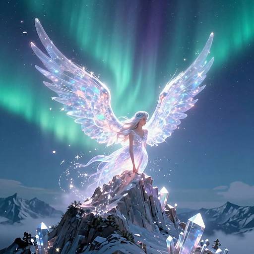 Digital art of a glowing, ethereal angel with radiant wings standing on a snowy mountain peak under vibrant green auroras.