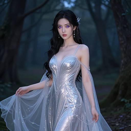 Digital artwork of a beautiful, pale-skinned woman with long black hair in a shimmering silver dress, standing in a dark, moonlit forest.