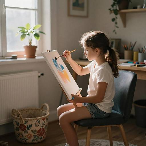 Sunlit Studio: Girl Painting by Window