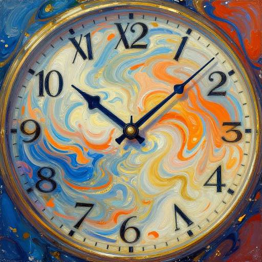 Abstract clock painting with swirling colors (blue, orange, yellow) on a white background, featuring black numerals and hands, surrounded by vibrant, textured