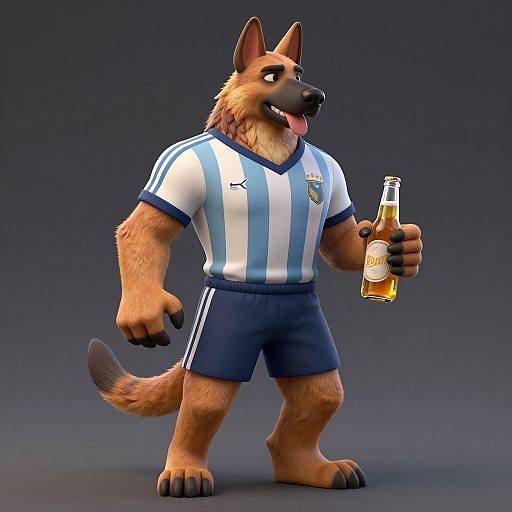 CGI anthropomorphic German Shepherd in Argentine football shirt and blue shorts, holding beer bottle, tongue out, standing against dark gradient background.