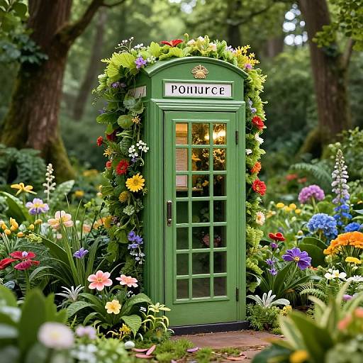 Photograph of a green British telephone booth surrounded by vibrant, colorful flowers and lush greenery in a magical forest setting.