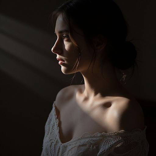 Photograph of a woman in profile, lit by soft light, wearing an off-shoulder lace top, with dark, shadowy background.