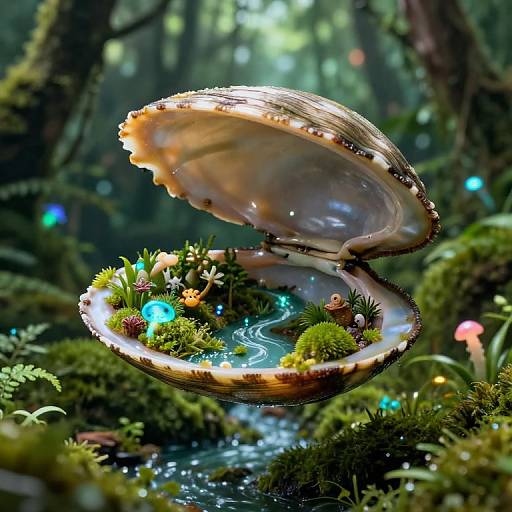 Photorealistic CGI: Open seashell filled with glowing fairy lights, moss, small plants, and a tiny stream, set in a mystical forest