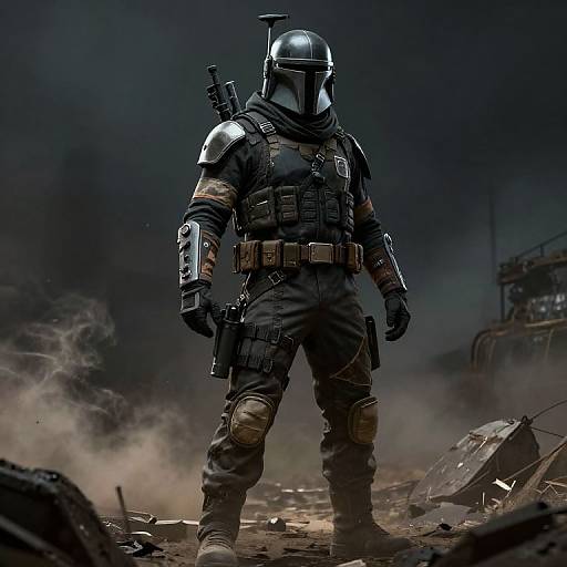 Digital artwork of a Mandalorian-style soldier in full tactical gear, helmet, and armor, standing in a smoky, ruined battlefield.