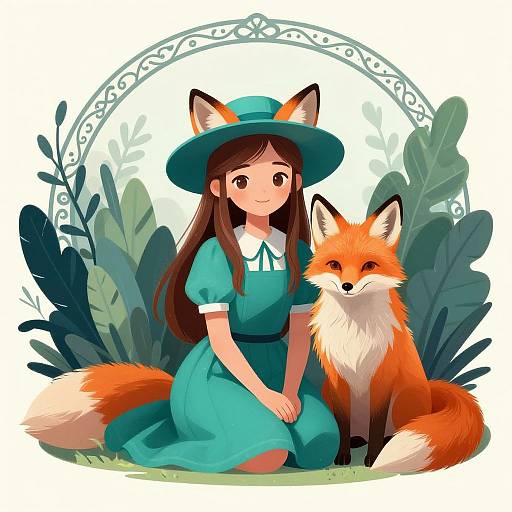 Digital illustration of a cute young girl with fox ears wearing a teal dress and hat, kneeling beside a fluffy orange fox. Background features green leaves and a