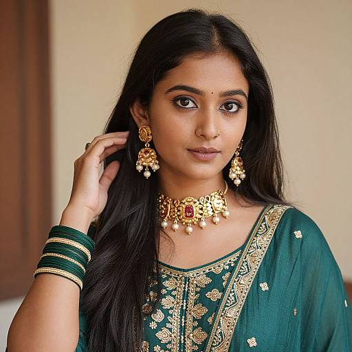 Photograph of an Indian woman with long black hair, wearing a green saree with gold embroidery, gold jewelry, and green bangles, posing with