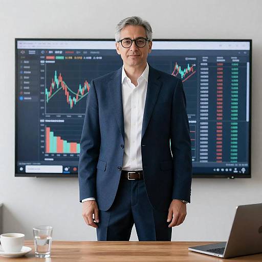 Executive Standing by Financial Data Screen