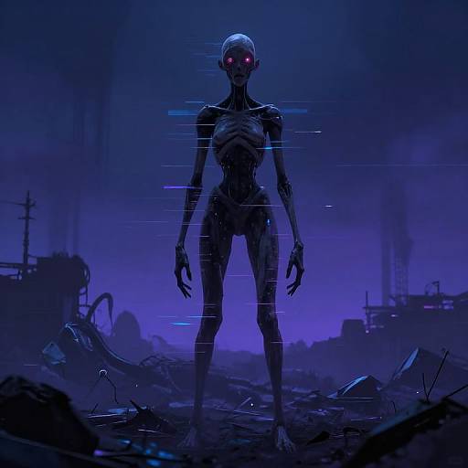 Digital artwork of a skeletal, glowing red-eyed alien with elongated limbs, standing in a dark, blue-hued, ruined industrial landscape.