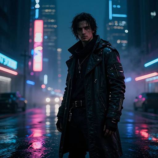 Neo-like cyberpunk scene: Wet, disheveled man in dark, glossy trench coat stands on neon-lit, rain-soaked city street at
