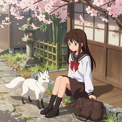 Melancholic Schoolgirl in Cherry Blossom Scene