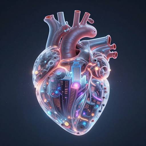 Neon-lit, futuristic, 3D CGI heart with glowing cityscape inside, featuring illuminated skyscrapers, arteries, and pulsating lights