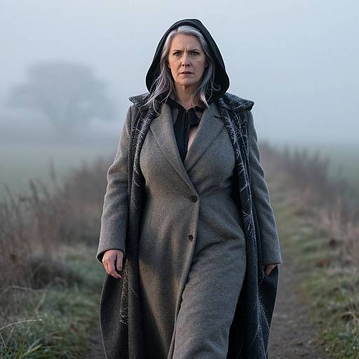Photograph of a stern-looking middle-aged woman with gray hair, wearing a gray hooded coat, standing on a misty, grassy path.