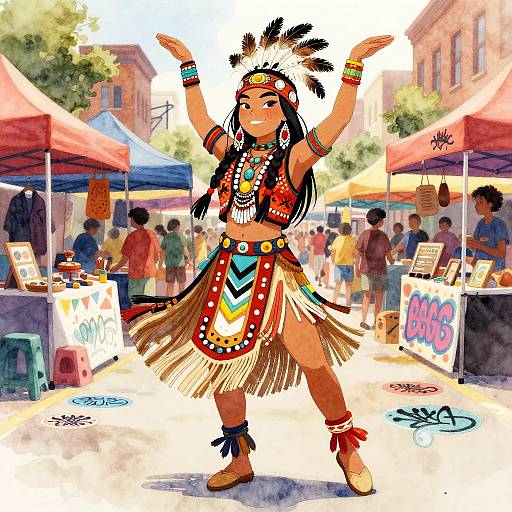Colorful digital illustration of a Native American woman dancing at a bustling outdoor market, wearing traditional feathered headdress and vibrant tribal attire.