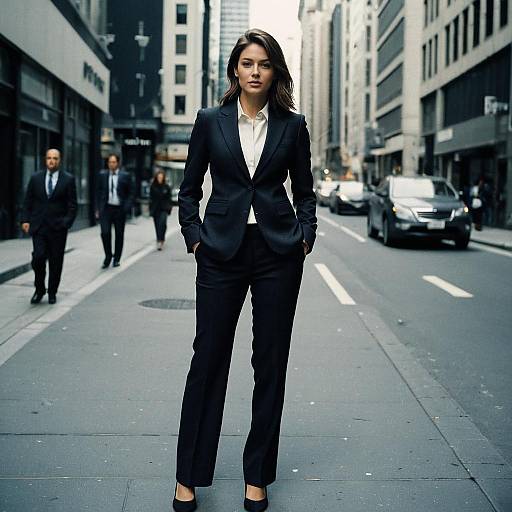 Photograph of a confident Asian woman in a black suit, white shirt, and black gloves standing on a busy urban street.