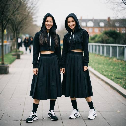 Two Young Women in Matching Black Hoodies and Skirts