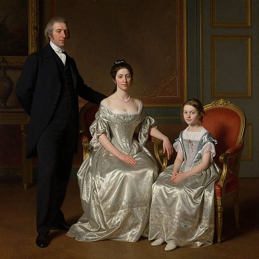 Photograph of 19th-century family portrait: stern elderly man in black suit, seated woman in silver satin gown, young girl in matching dress,