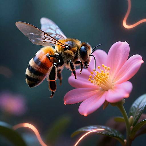 Cyberpunk Robotic Bee Pollinating Neon Flower