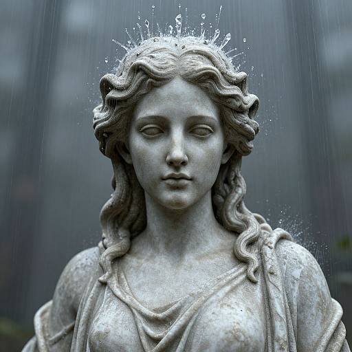 Photograph of a wet, gray stone statue of a serene, wavy-haired woman with a crown of water droplets, wearing a draped garment,