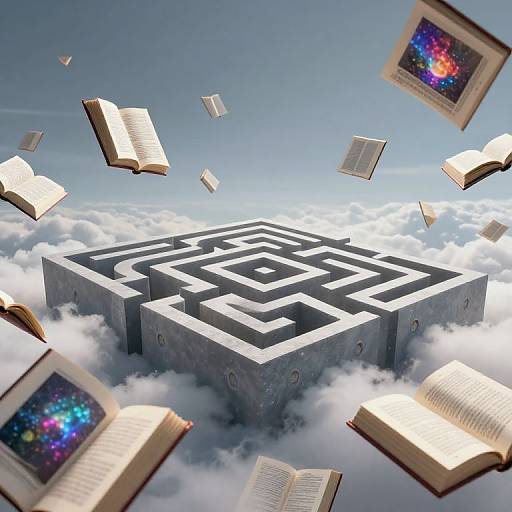 Photograph of a floating, gray, cube with a black and white maze pattern, surrounded by open books and floating in a cloudy sky.