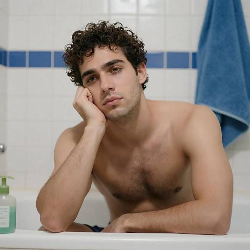 Pensive Shirtless Man in Bathtub