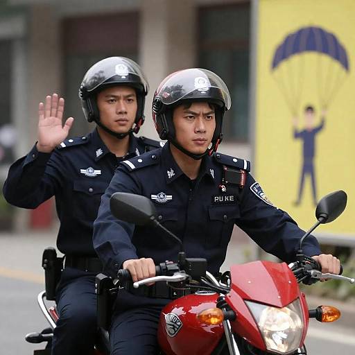 Dynamic Police Duo on Red Motorcycle