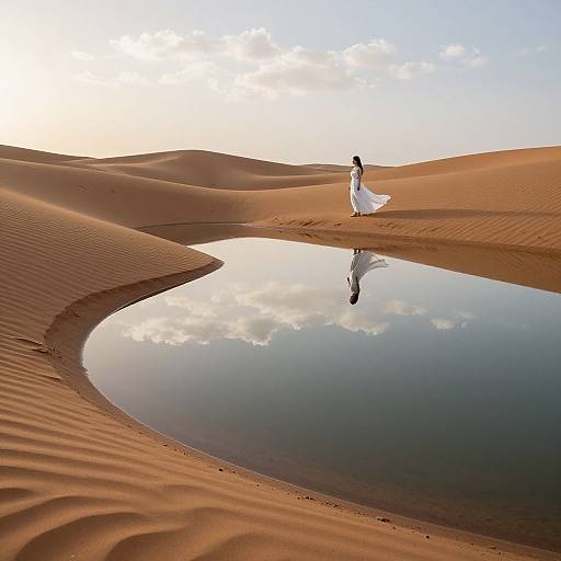 Photograph of a woman in a white flowing dress standing on a dune beside a reflective water pool in a sandy desert.