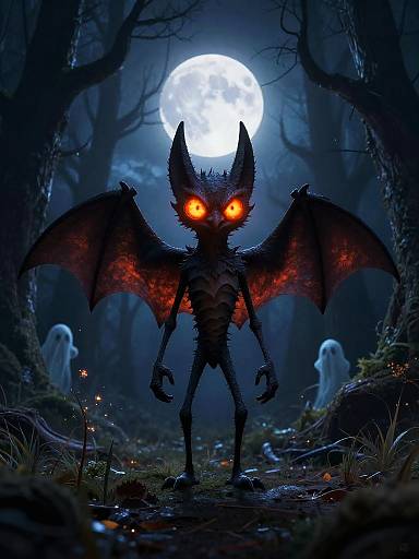 Spooky Stylized Bat in Dark Forest