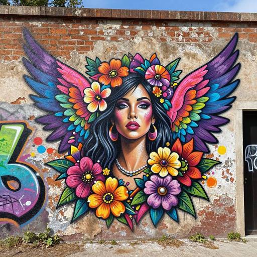 Vibrant Floral Winged Woman Mural