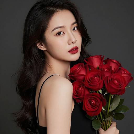 Photograph of an East Asian woman with long black hair, wearing a black spaghetti-strap top, holding a bouquet of vivid red roses against a dark