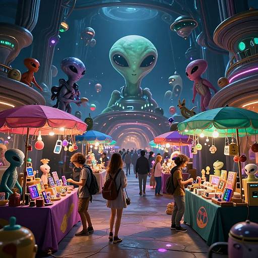 Photorealistic CGI: Neon-lit alien market with colorful stalls, alien statues, glowing lights, and large central alien figure in a futuristic, sci