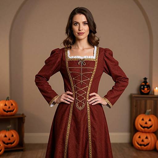 Photograph of a brunette woman in a medieval-style, red, lace-up, long-sleeve dress with gold trim, standing in a Halloween-themed