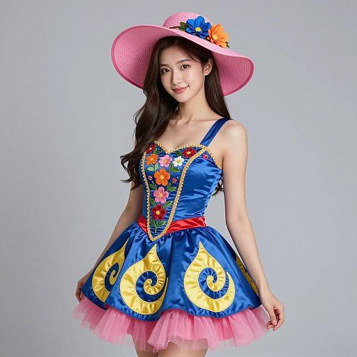 Young Woman in Colorful Carnival Dress and Pink Hat