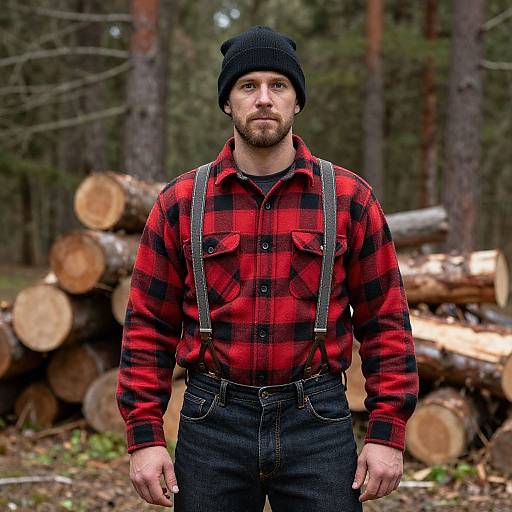 Photograph of a bearded man with light skin, wearing a black beanie, red plaid shirt, black suspenders, and jeans, standing