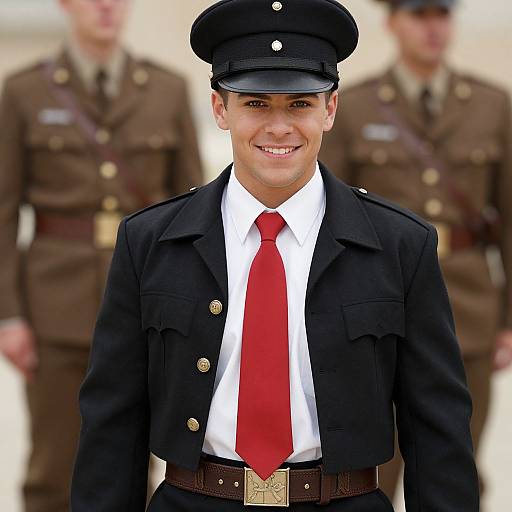 Photograph of a smiling young male military officer in black uniform, white shirt, red tie, and cap, with two blurred officers in brown uniforms in
