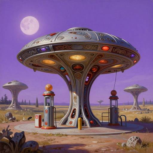 Digital artwork of a futuristic desert landscape with glowing, UFO-like structures adorned with colorful lights, set under a full moon.