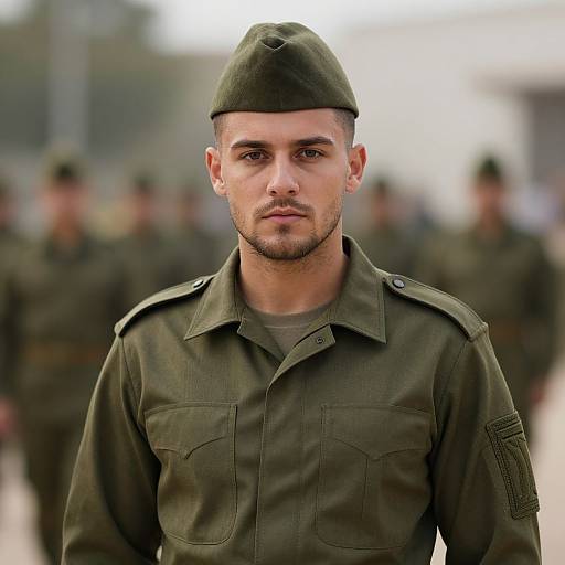 Photograph of a serious young male soldier with olive skin, dark hair, and a trimmed beard, wearing a green military uniform and cap, with blurred