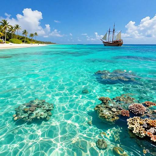 Vibrant photograph of a turquoise ocean with clear coral reefs, palm-lined shore, and a large, classic sailing ship under a bright blue sky.