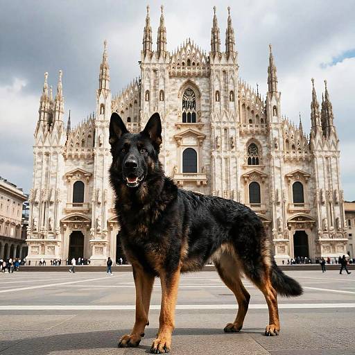 Photograph of a black and brown German Shepherd standing in front of an ornate Gothic cathedral with towering spires and intricate architecture under a cloudy sky.