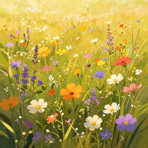 Digital illustration of a vibrant, sunlit meadow filled with colorful wildflowers including orange, white, purple, and red blossoms, with green grass