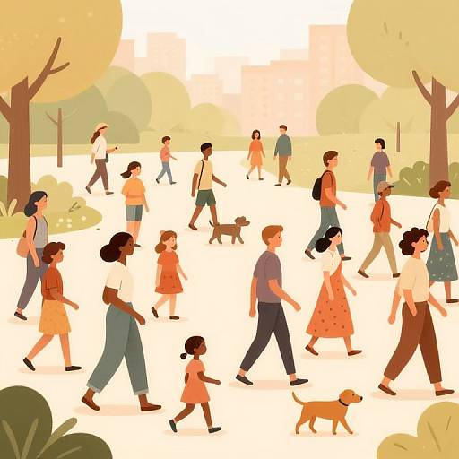 Illustration of a diverse group of people walking in a sunny, autumnal park with trees, wearing casual clothes, accompanied by dogs.