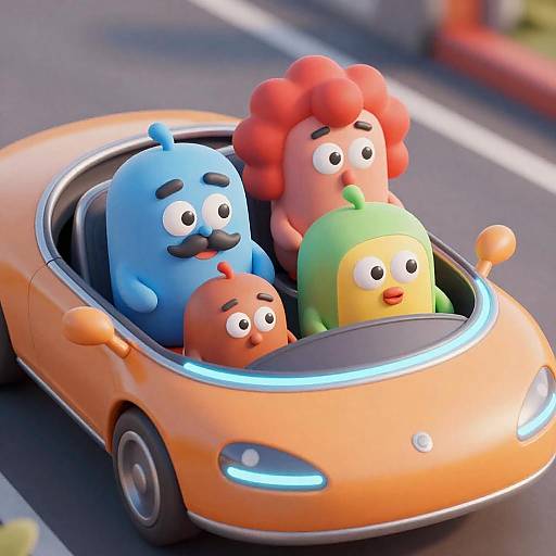 Colorful Cartoon Crew in Futuristic Car