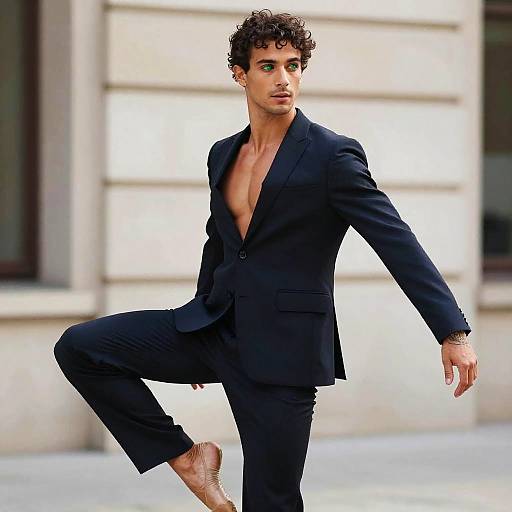 Photograph of a handsome, curly-haired man with olive skin, wearing an unbuttoned black suit, one leg raised, against a blurred beige building
