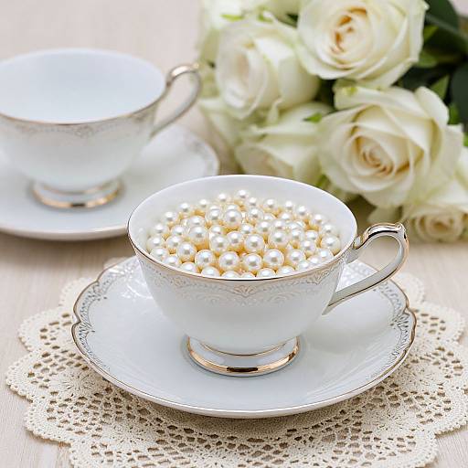 Photograph of a white teacup filled with pearl-like beads, on a lace doily, with a matching teacup and white roses in
