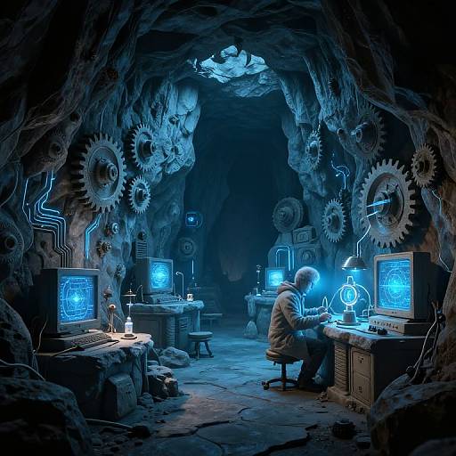 Photograph of a person in a blue-lit, cave-like laboratory with mechanical gears, vintage computers, and neon circuit designs, working intently at