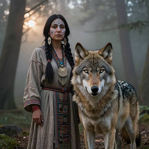 Photograph of a Native American woman with braided hair, white face paint, and traditional dress, standing beside a large, alert wolf in a mist