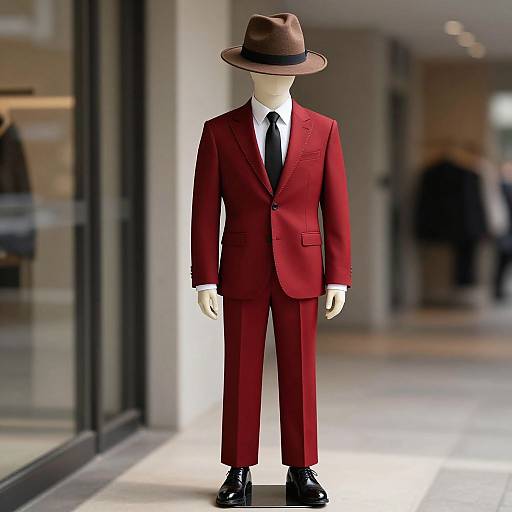 Photograph of a mannequin in a red suit, white shirt, black tie, brown fedora, and black shoes, displayed in a modern